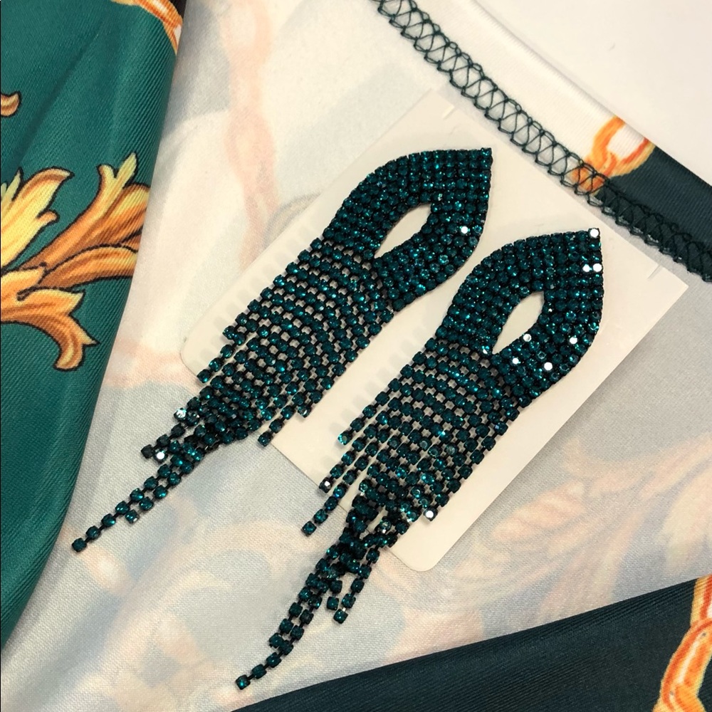 Green Rhinestone Dangle Earrings New